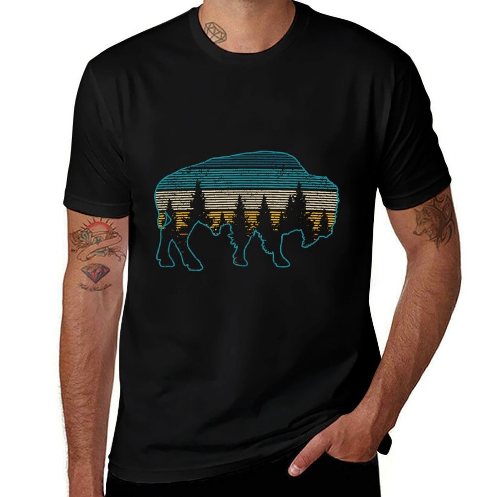 Bison American Buffalo Vintage National Park Souvenir Gift  Rolled Sleeves T-Shirt