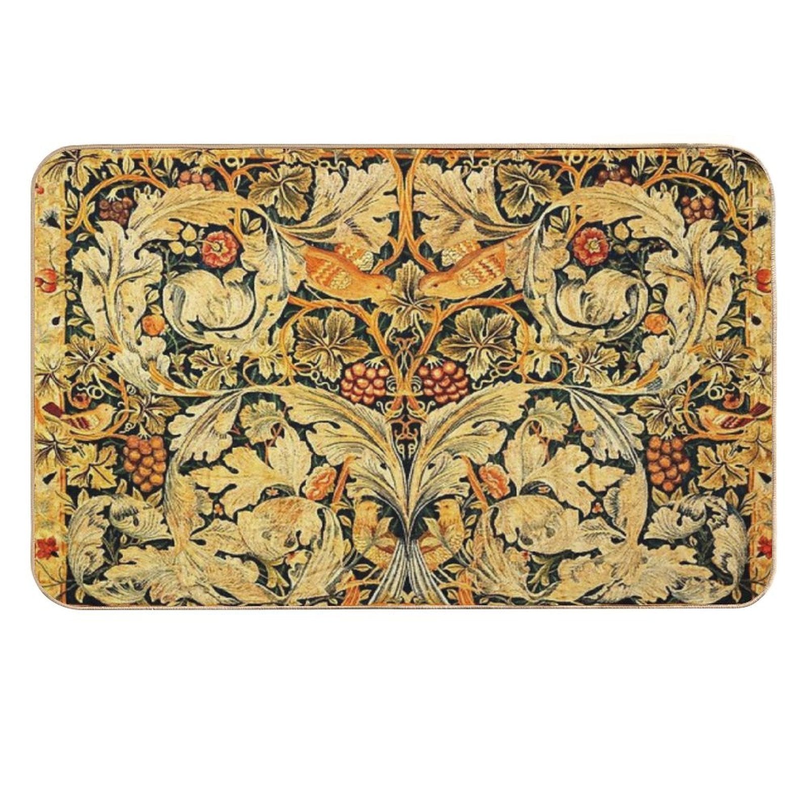 BIRDS ON ACANTHUS LEAVES ,ROSES ,VINE AND GRAPES IN ORANGE YELLOW, Art Nouveau Floral  Odorless Bath Mat