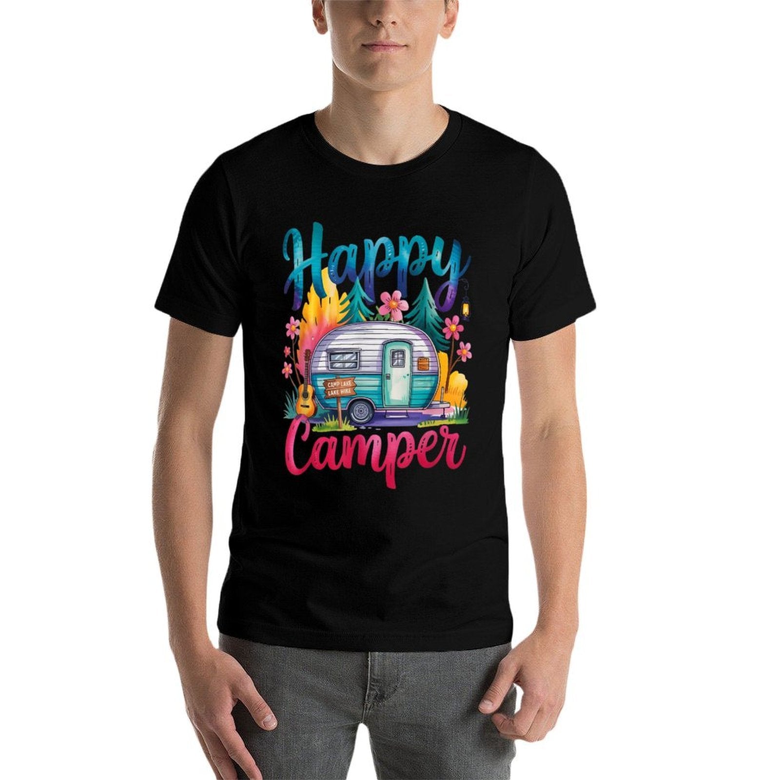 Funny Happy Camper Camping Apparel Trailer RV Kids Women  Summer-ready Fabric T-Shirt