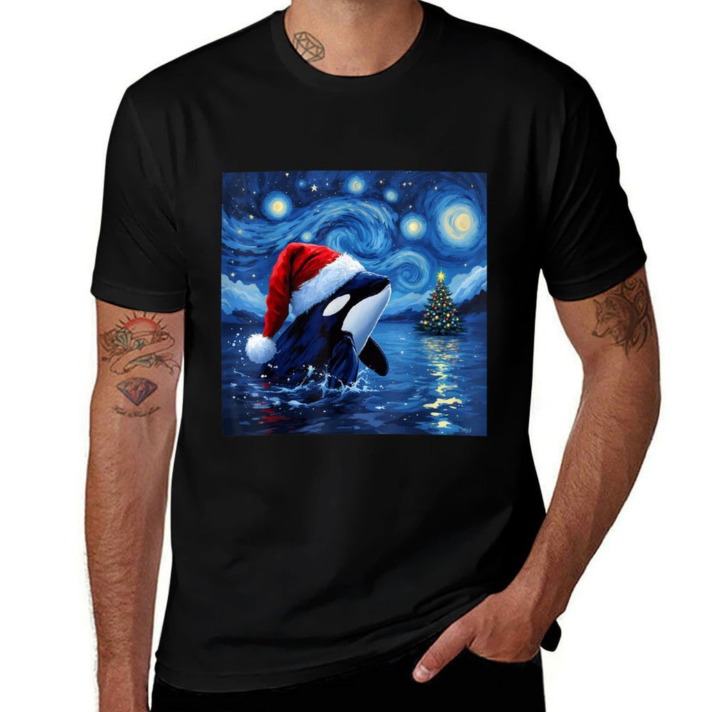Christmas Orca Santa Hat Van Gogh Starry Night Holiday  High-quality Stitching T-Shirt
