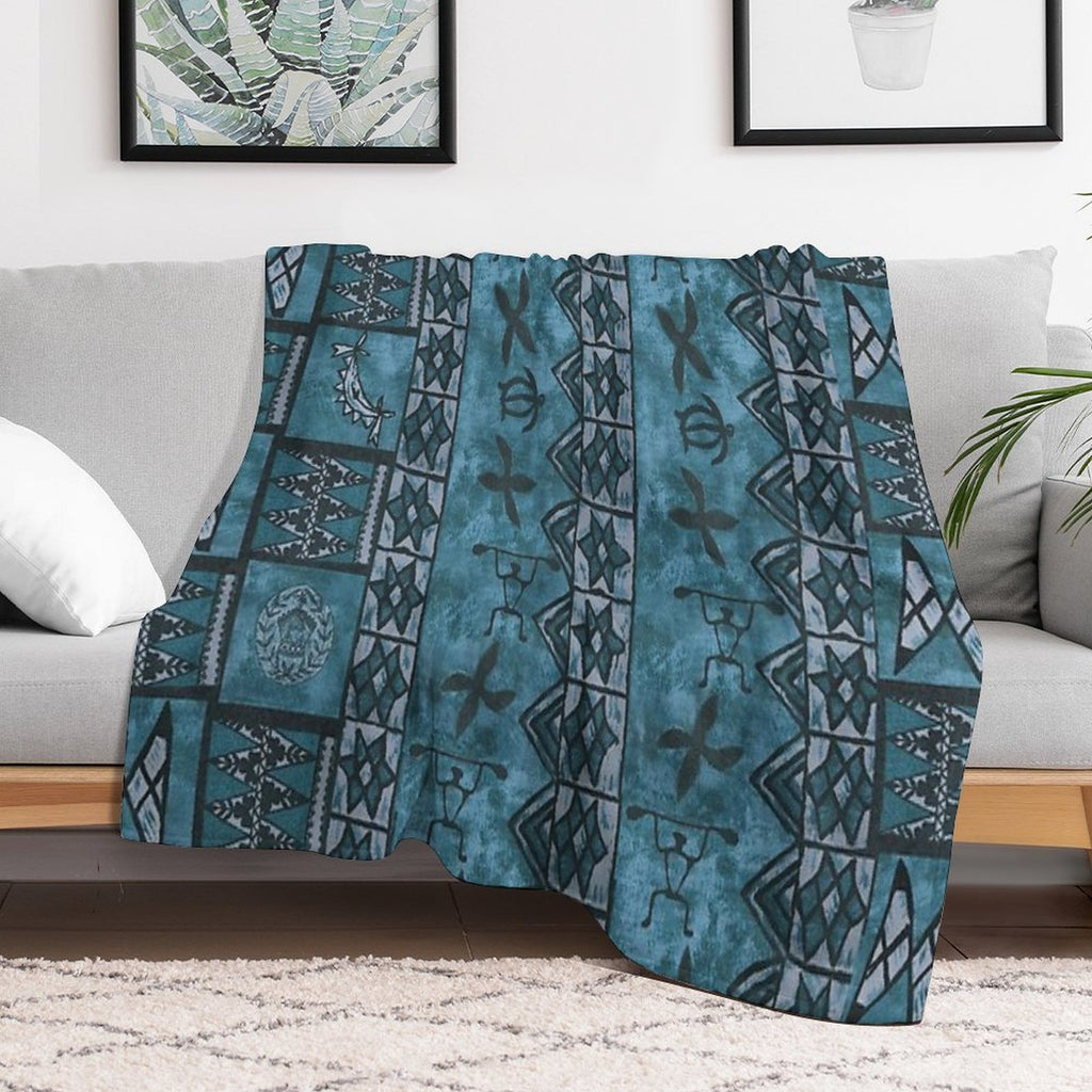Vintage Hawaiian Tapa Ocean Blue Durable Throw Blanket
