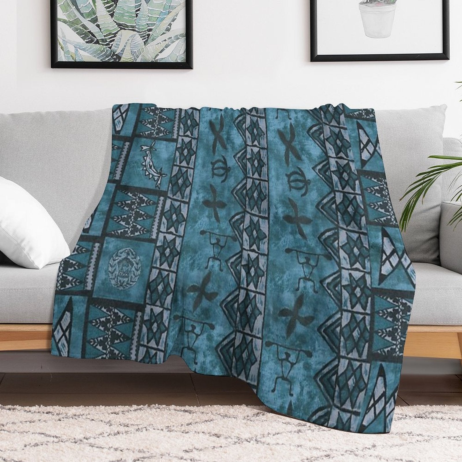 Vintage Hawaiian Tapa Ocean Blue Durable Throw Blanket