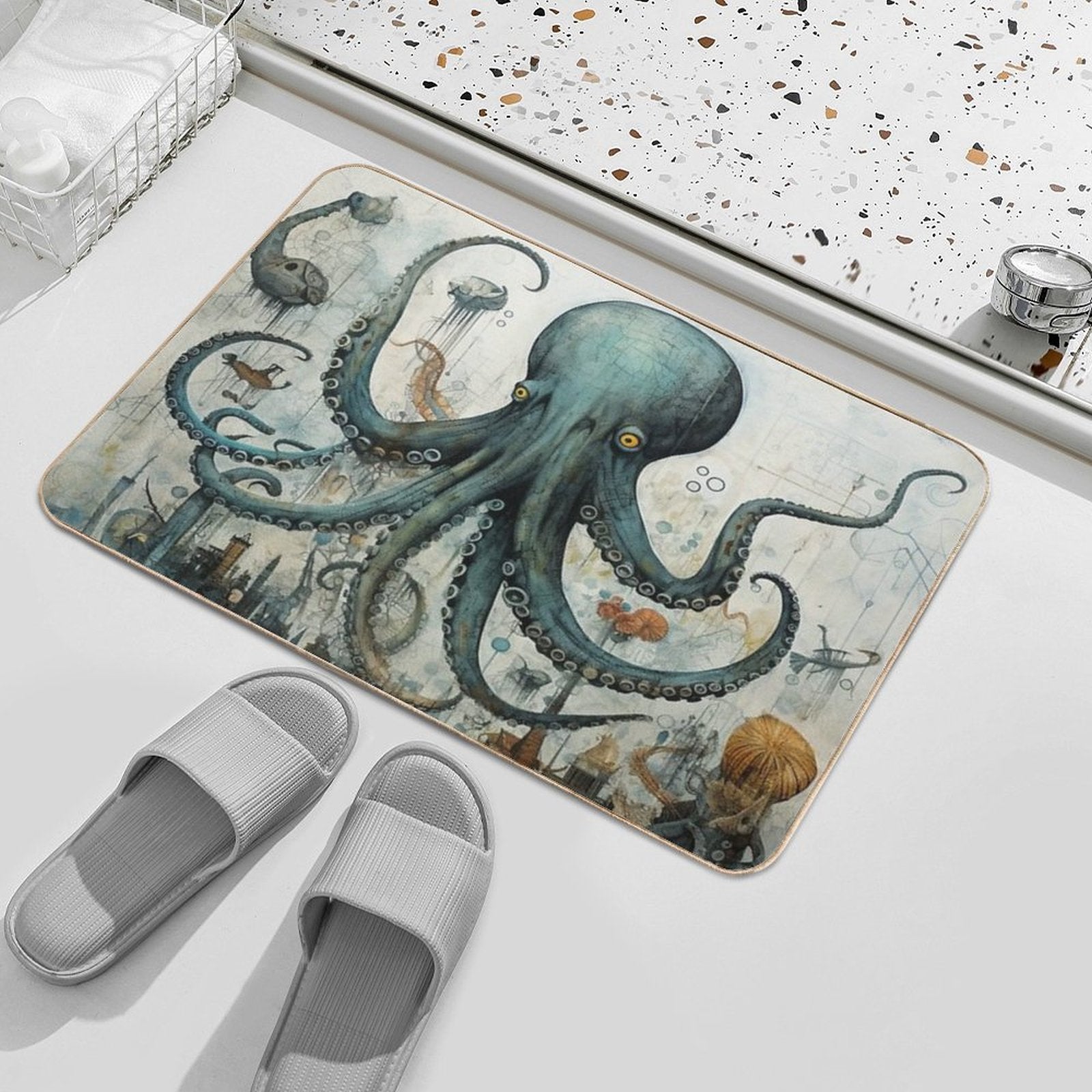 Surreal Vintage Fantasy Steampunk Octopus  Anti-Trip Bath Mat