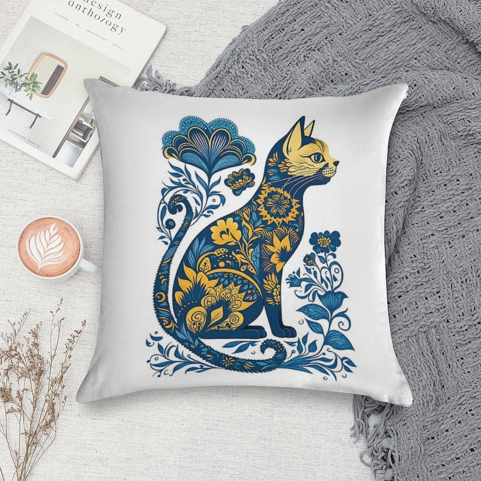 Ukraine Cat Floral Vintage Ukrainian Flag & Vyshyvanka Soft Reinforced Edging Throw Pillow