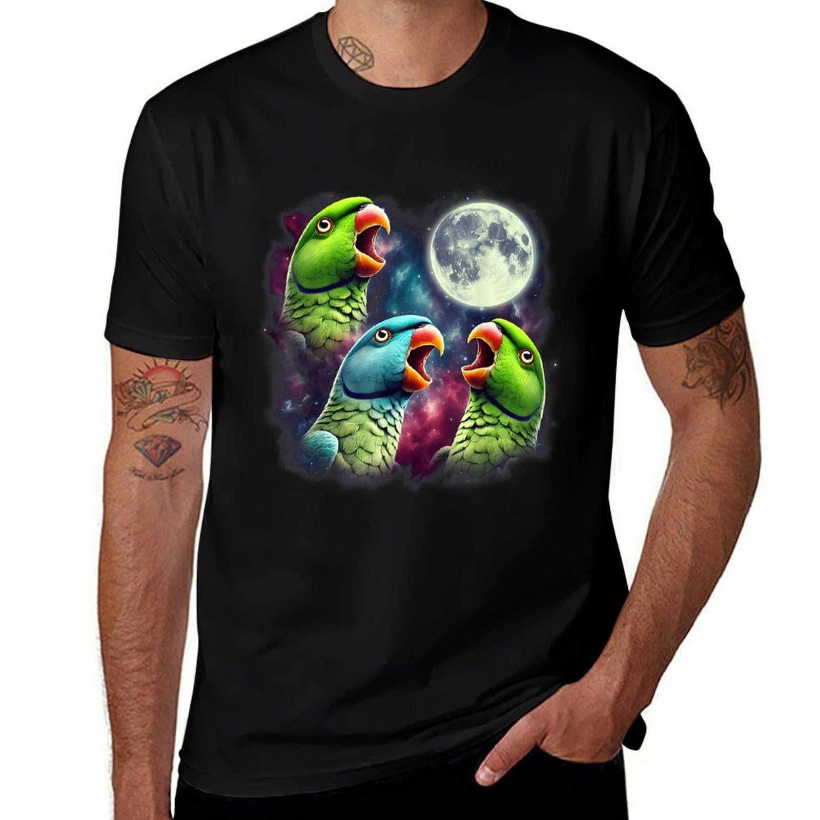 Three Indian Ringneck Parrots Howling at Moon Funny Meme  Oversized Silhouette T-Shirt
