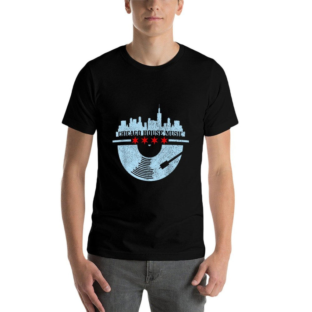 Chicago House Music DJ Raver Vinyl Skyline Retro Vintage  Cotton T-Shirt