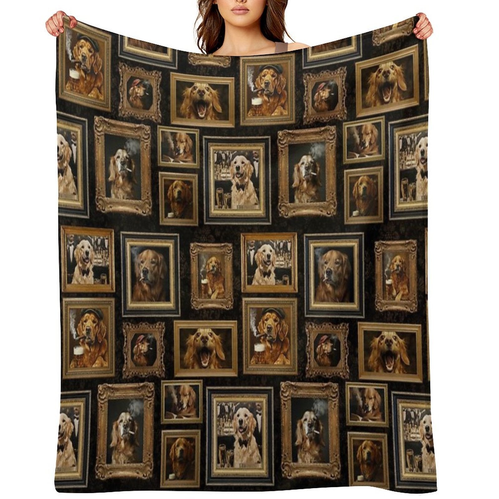 Vintage Museum Wall - Whimsical Smoking Drinking Beer Golden Retriever Famous Dog Portraits by Great Masters Black Damask Nightg Compact Throw Blanket
