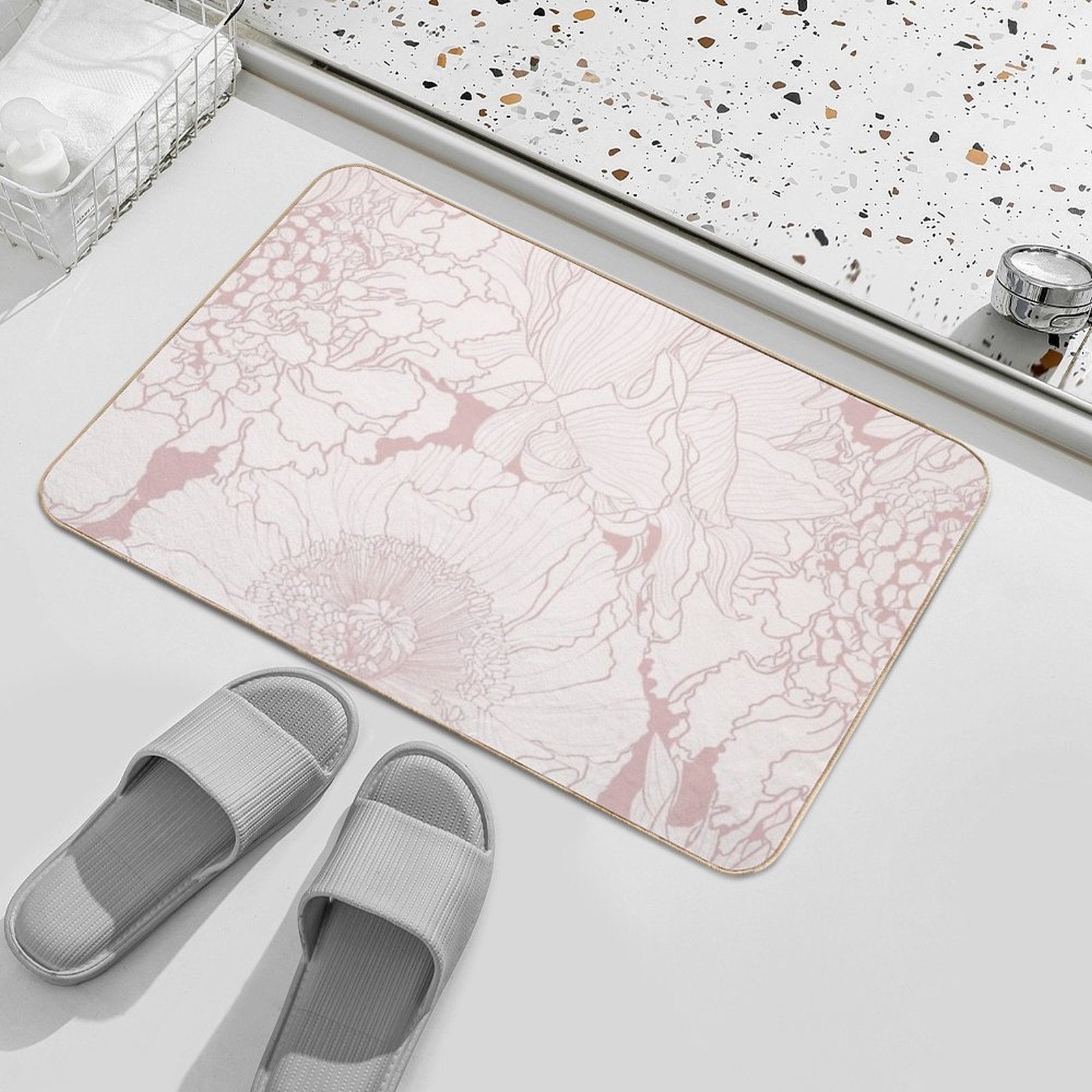Elegant Seamless Pattern with Hand Drawn Line Garden And Tropical Flowers.  Eco-Friendly Bath Mat