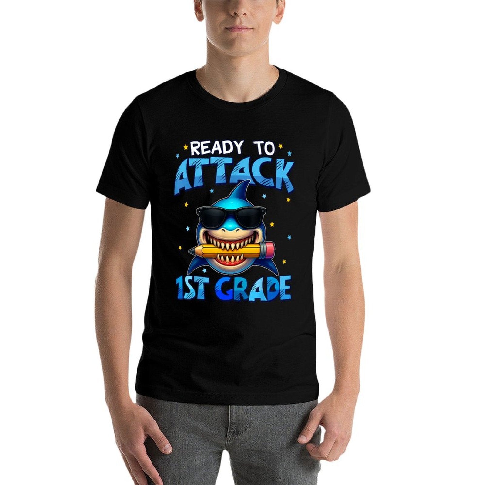 Ready To Attack 1st Grade Shark First Day Of School Boys  Oversized Silhouette T-Shirt