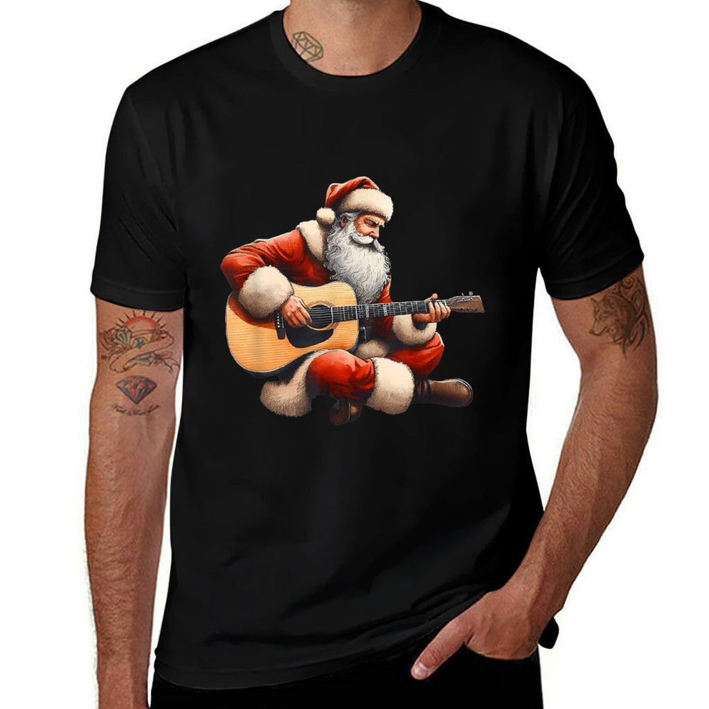 Guitarist Santa Cute Christmas Santa Playing Acoustic Guitar  Heathered Texture T-Shirt