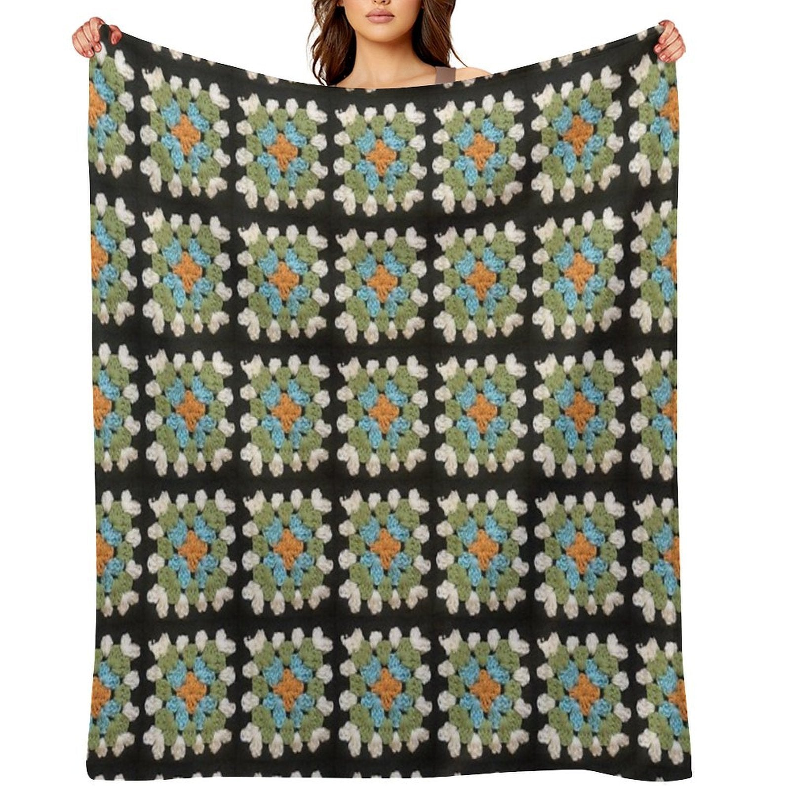 Orange, Blue And Green Granny Square Premium Throw Blanket