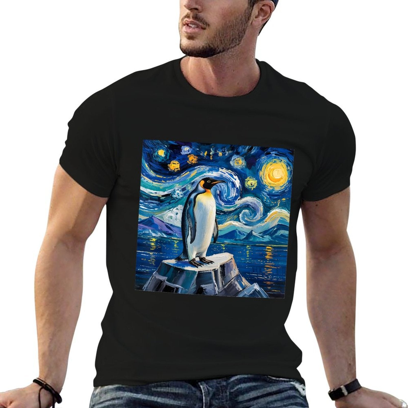 Penguin Starry Night Funny Penguin Art Van Gogh Style  High-quality Stitching T-Shirt