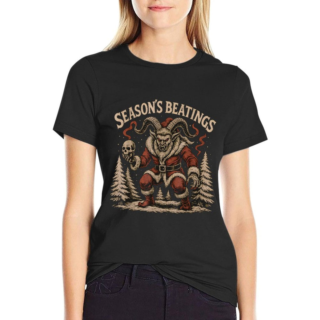 Season’s Beatings Krampus Santa Gothic Holiday Horror  Ribbed Collar T-Shirt