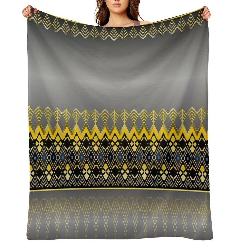 Thai Silk  Gray Black Gold Thai Silk Design  Gray Black Gold Geometric Pattern Machine-washable Throw Blanket