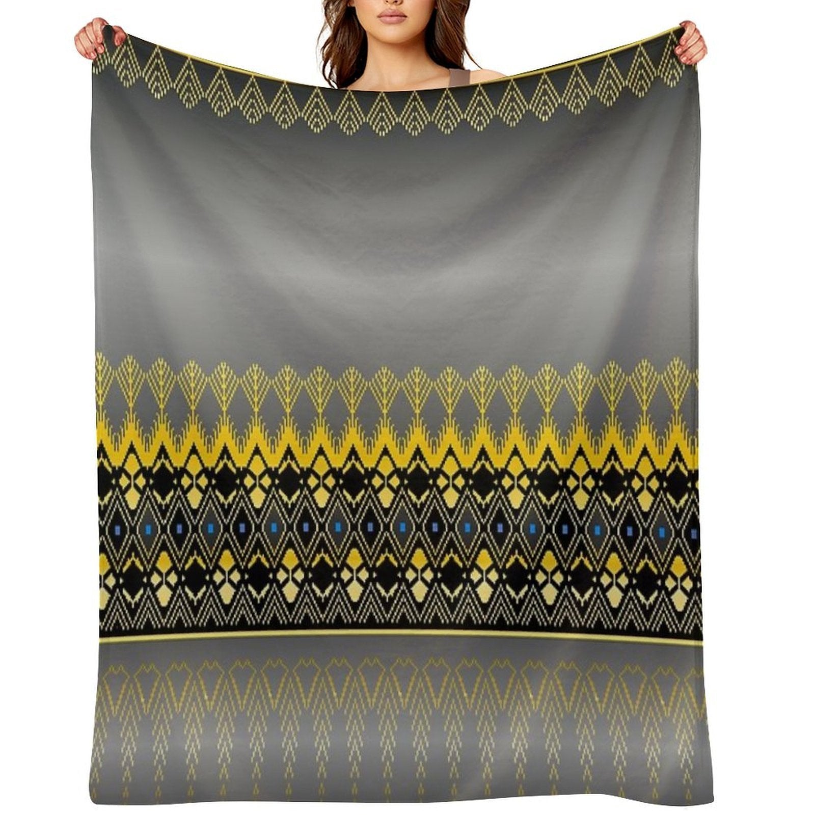 Thai Silk  Gray Black Gold Thai Silk Design  Gray Black Gold Geometric Pattern Machine-washable Throw Blanket