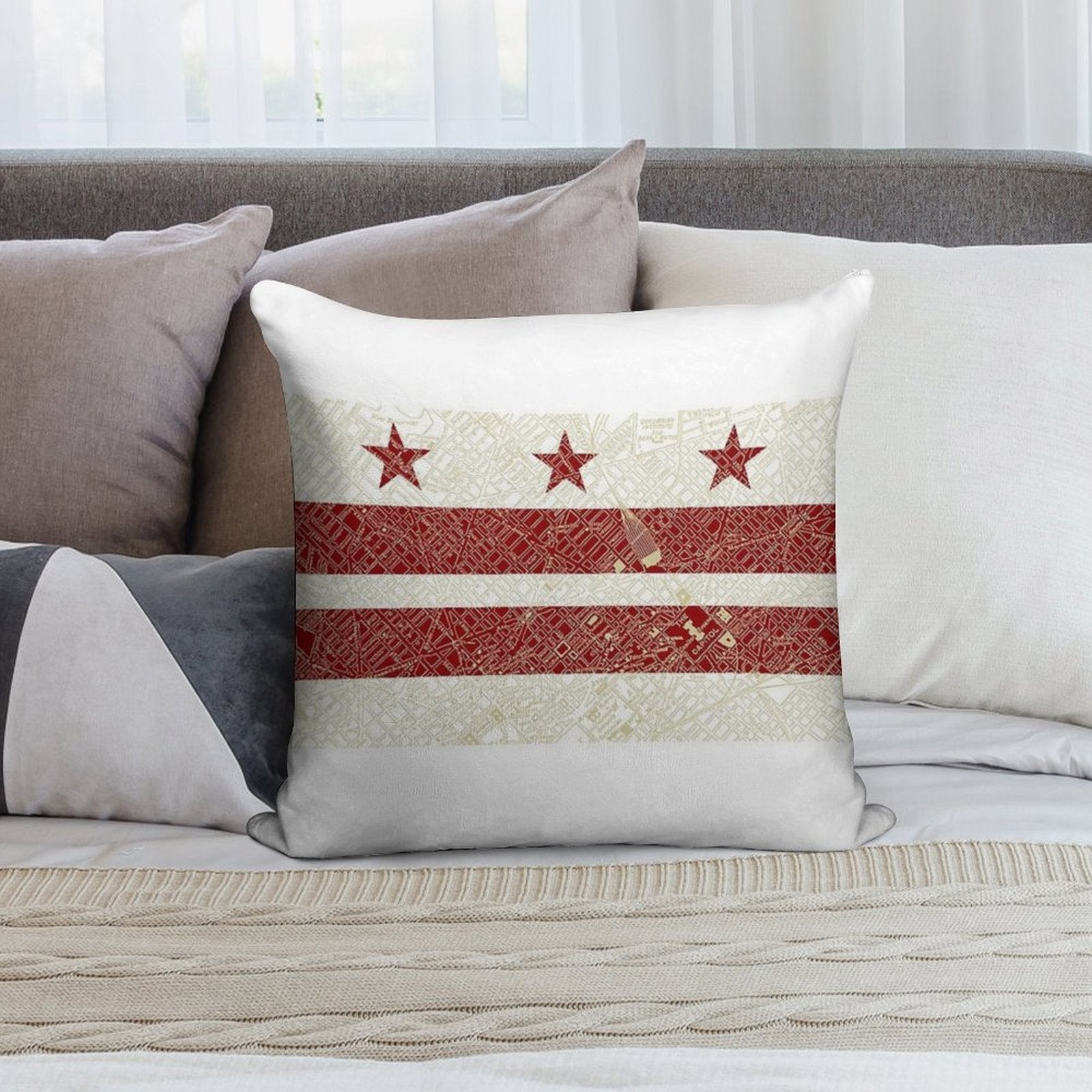Washington DC Flag W Vintage Map Soft Durable Construction Throw Pillow