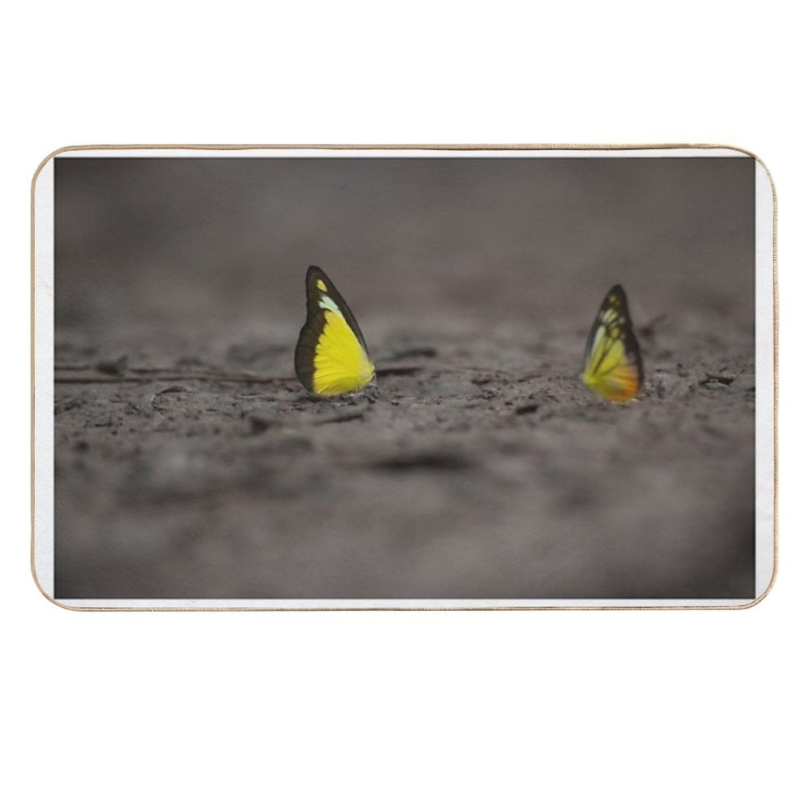 This Image Captures A Brightly Colored Butterfly Settled on Rugged Terrain, Offering A Striking Contrast Between Fragility And R  Versatile Bath Mat