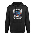 Kids 4th Birthday Monster Truck Young Wild And Four 4 Year Colorfast Hoodie