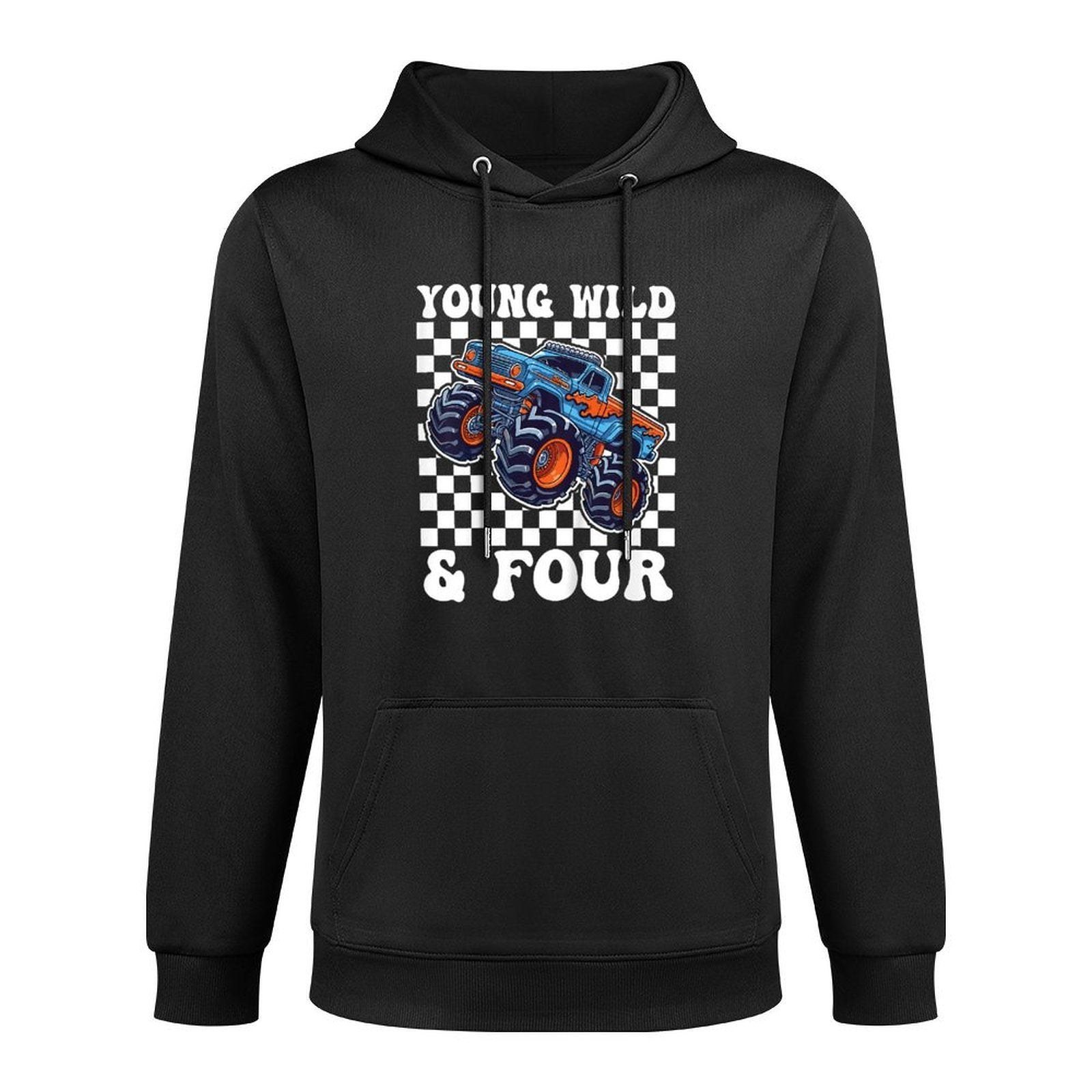 Kids 4th Birthday Monster Truck Young Wild And Four 4 Year Colorfast Hoodie