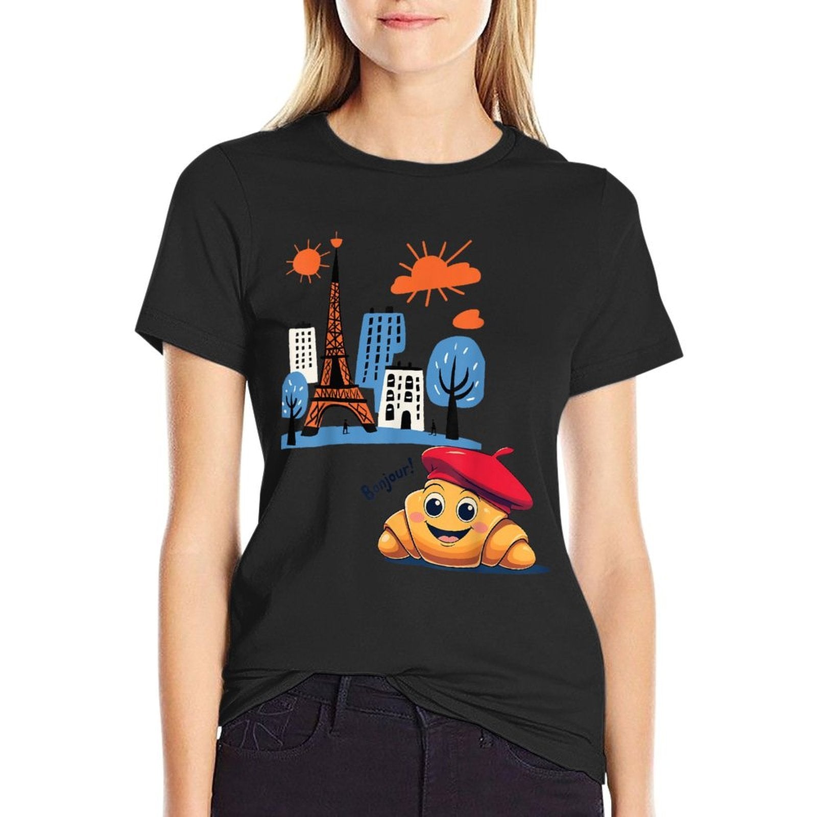 Kids Paris France Croissant with Beret Hello in French Tower  Durable T-Shirt