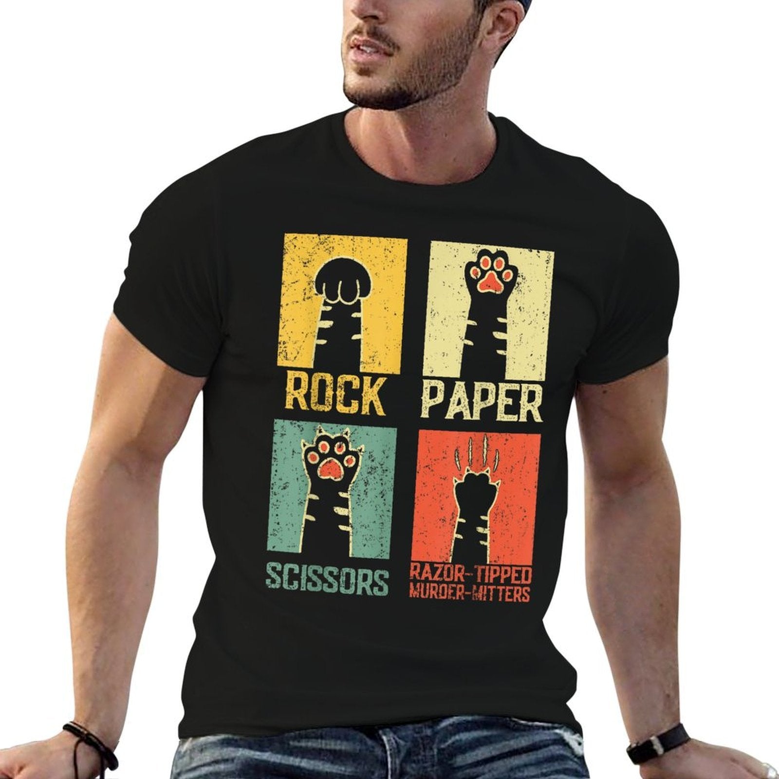 Retro Rock Paper Scissors Hand Game Cute Paw Humor Cat Meme for Men Women  Breathable T-Shirt