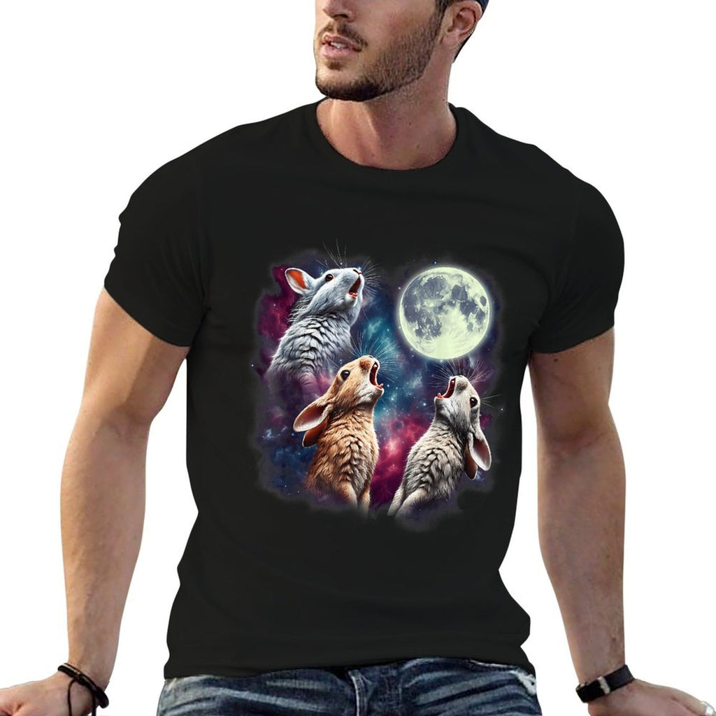 Three Rabbits Howling at Moon Funny Bunny Weird Cursed Meme  Summer-ready Fabric T-Shirt