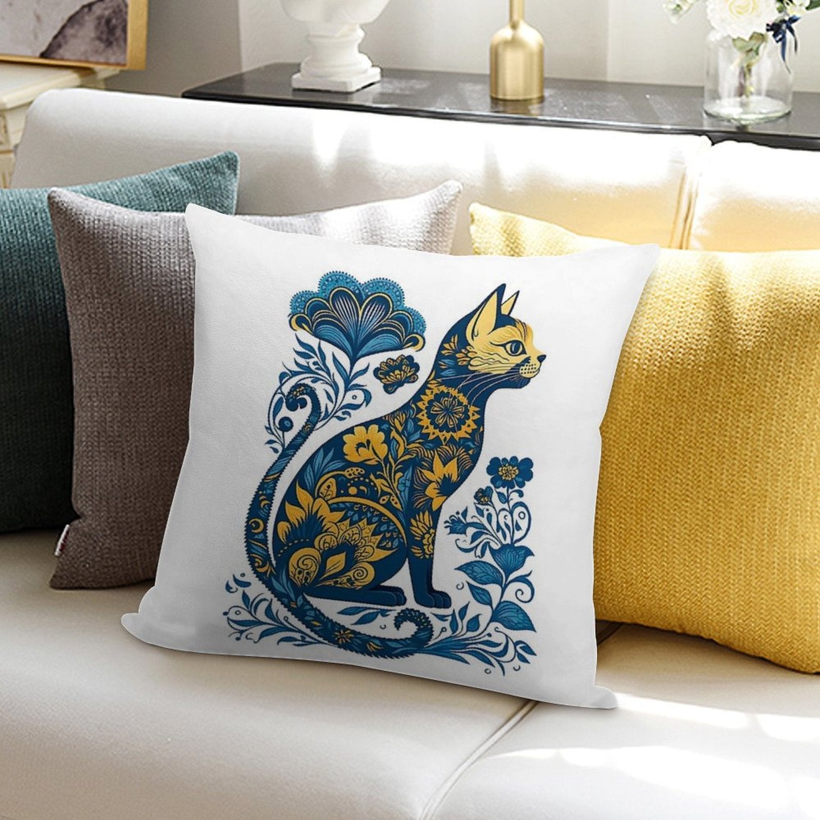 Ukraine Cat Floral Vintage Ukrainian Flag & Vyshyvanka Soft Reinforced Edging Throw Pillow