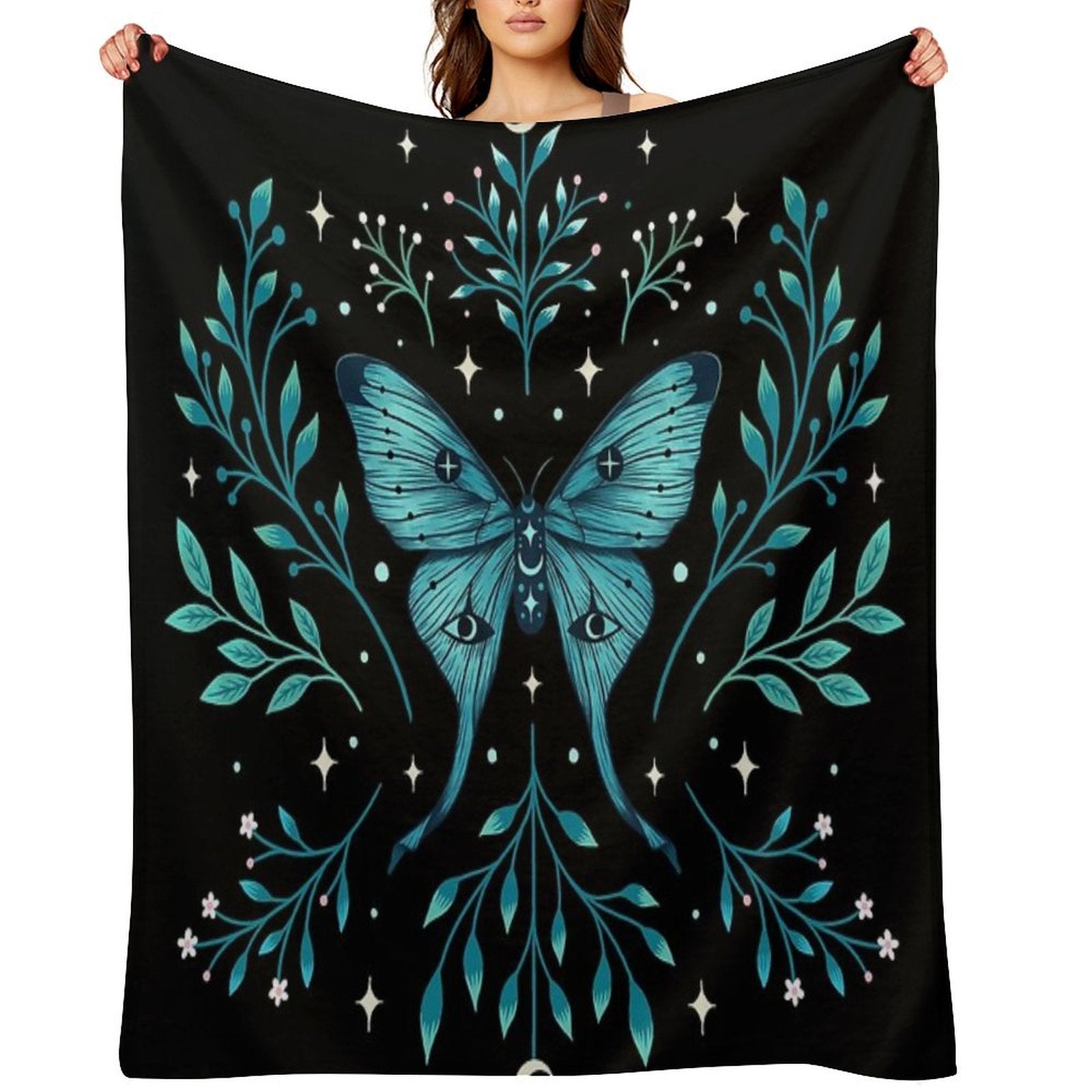 Mystical Moon Moth - Turquoise Eco-conscious Throw Blanket