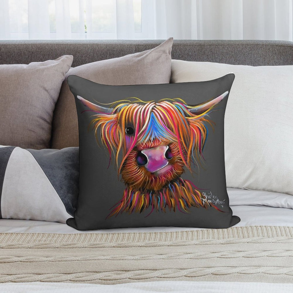 CoW PRiNT SCoTTiSH HiGHLaND ' BRuCe ON GReY ' BY SHiRLeY MacARTHuR Soft Washable Throw Pillow