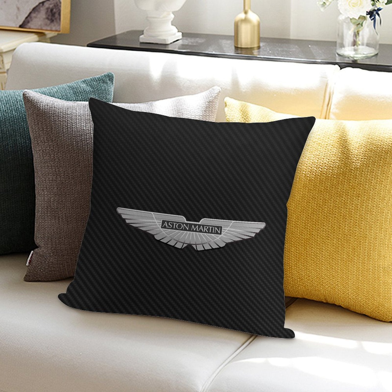 Aston Martin Logo on Carbon Background Soft Fade-Resistant Throw Pillow