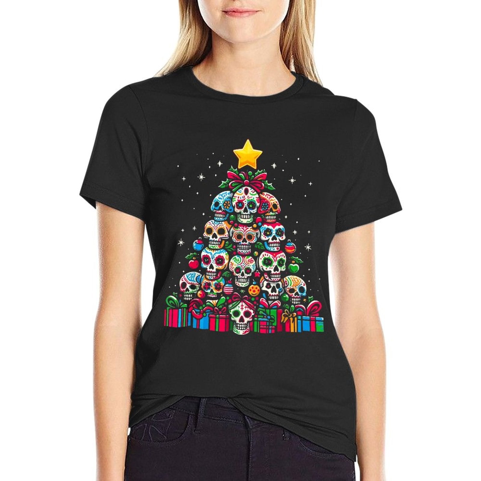 Skull Christmas Tree Funny Mexican Flower Sugar Skull Xmas  Slim-fit Cut T-Shirt
