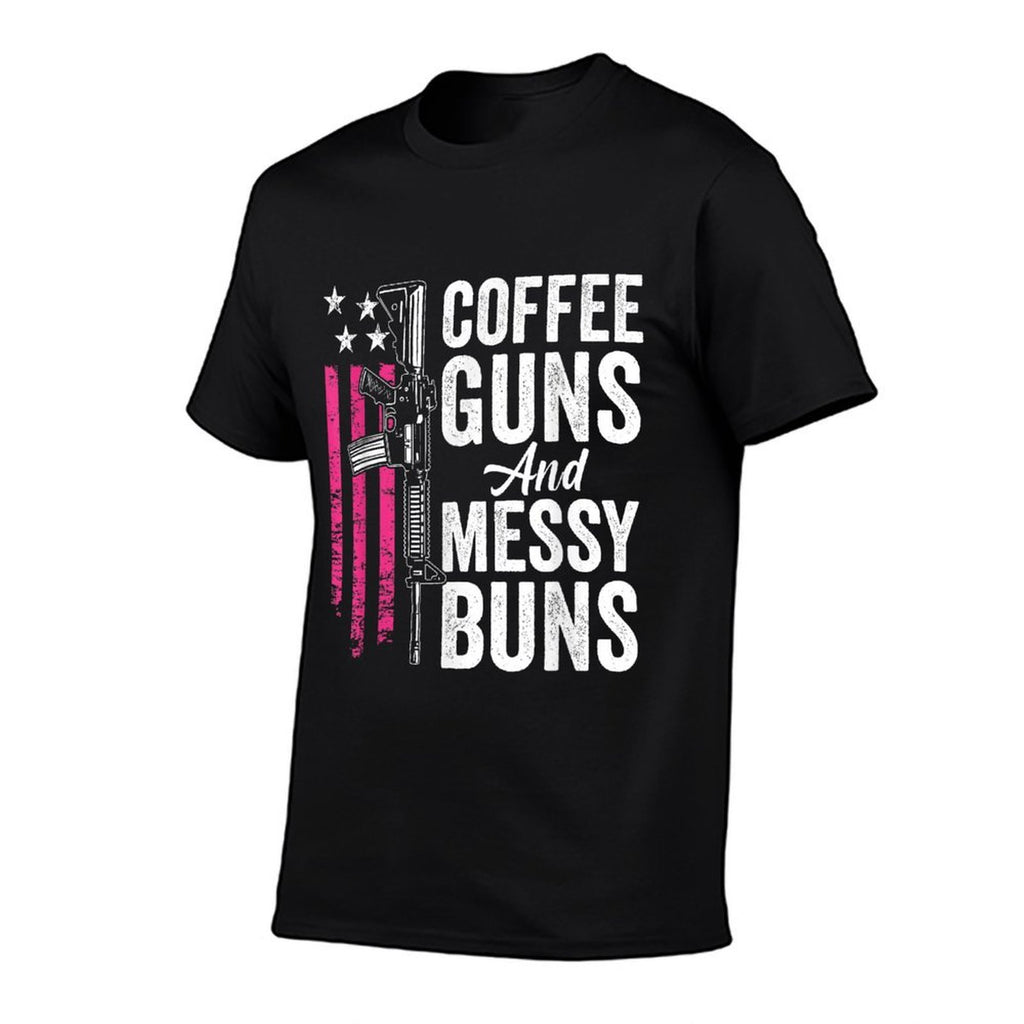 Coffee Guns And Messy Buns - Pink AR15 USA Funny Womens Gun  Ribbed Collar T-Shirt