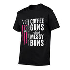 Coffee Guns And Messy Buns - Pink AR15 USA Funny Womens Gun  Ribbed Collar T-Shirt