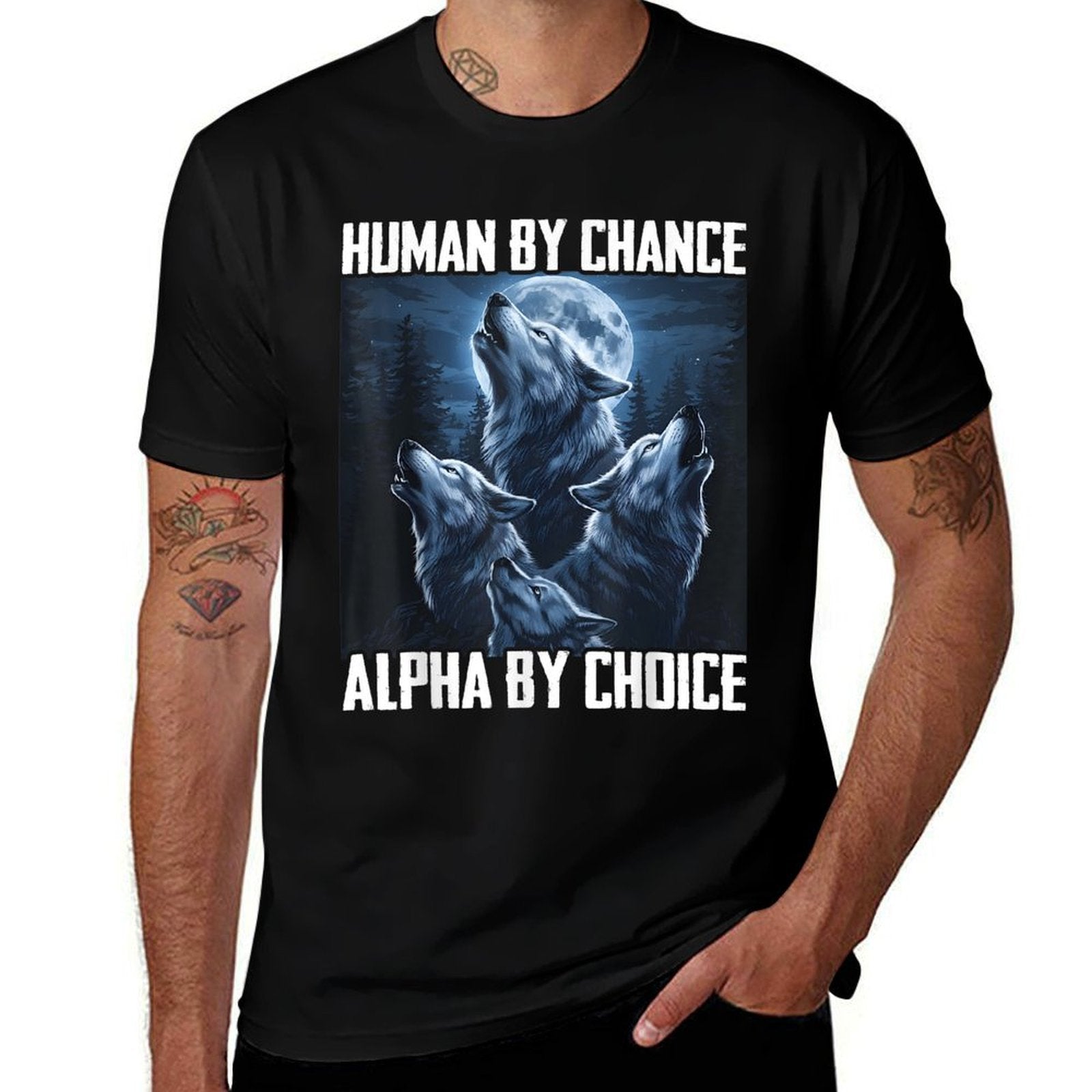 Human By Chance Alpha By Choice Funny Wolf Moon Forest Pack  Vintage-inspired T-Shirt