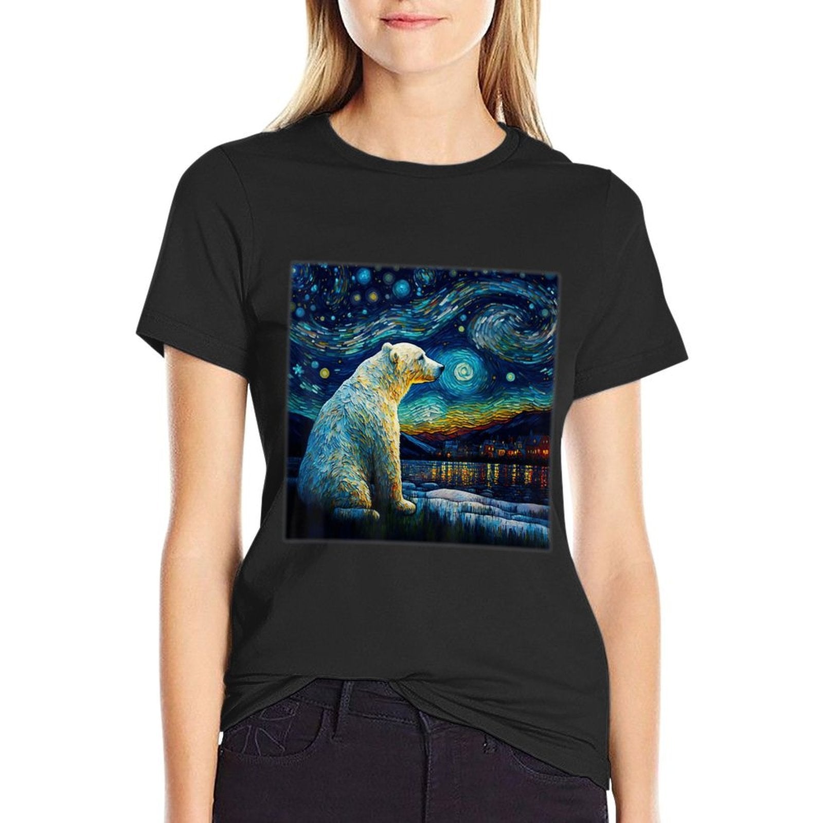 Surrealism Starry Night Polar Bear  High-quality Stitching T-Shirt
