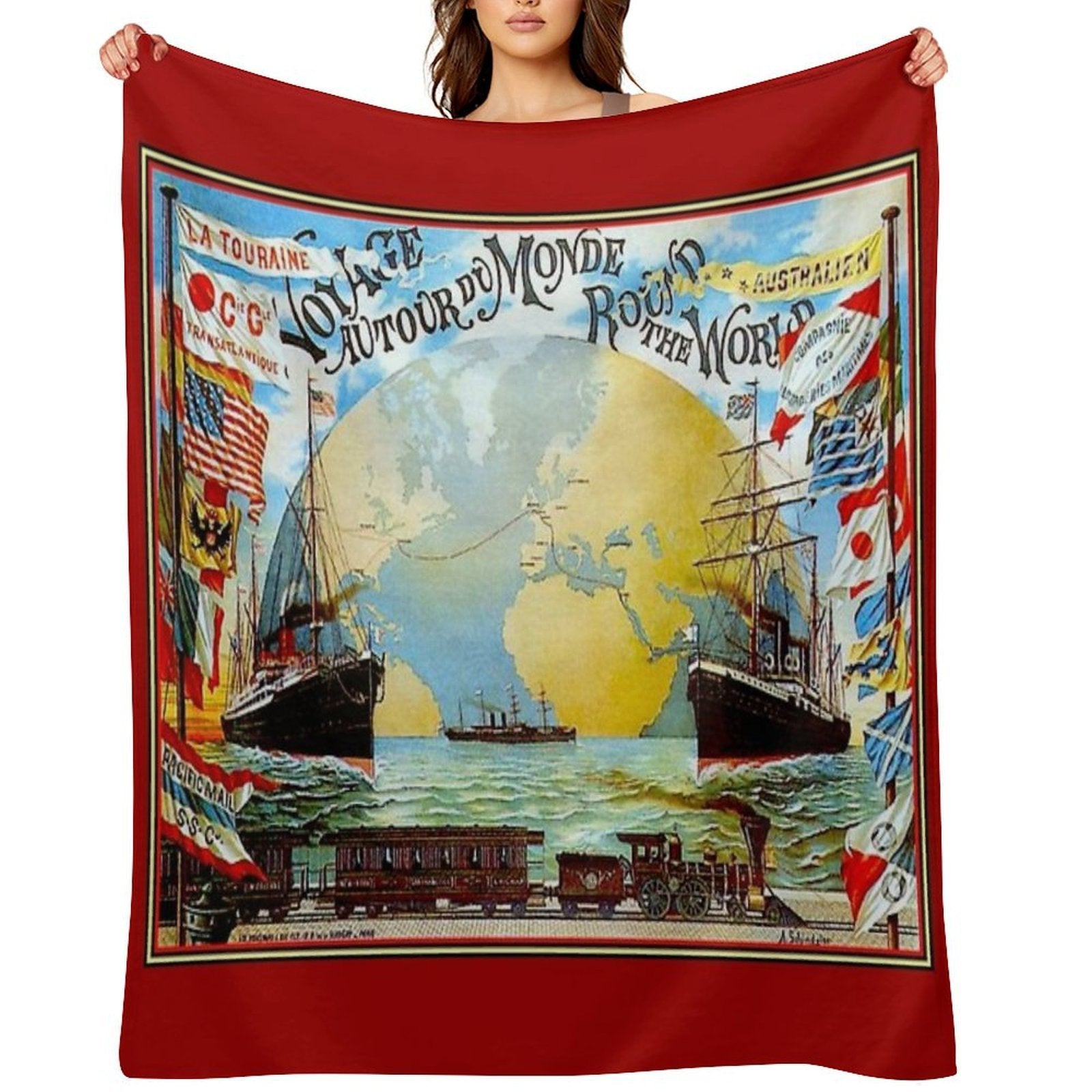 Around The World in 80 Days; Vintage Jules Verne Print Travel-friendly Throw Blanket