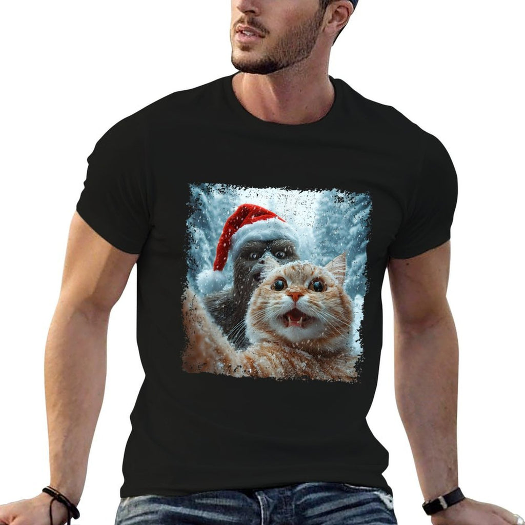 Funny Bigfoot And Cat Christmas Selfie Design  Fade-proof Color T-Shirt