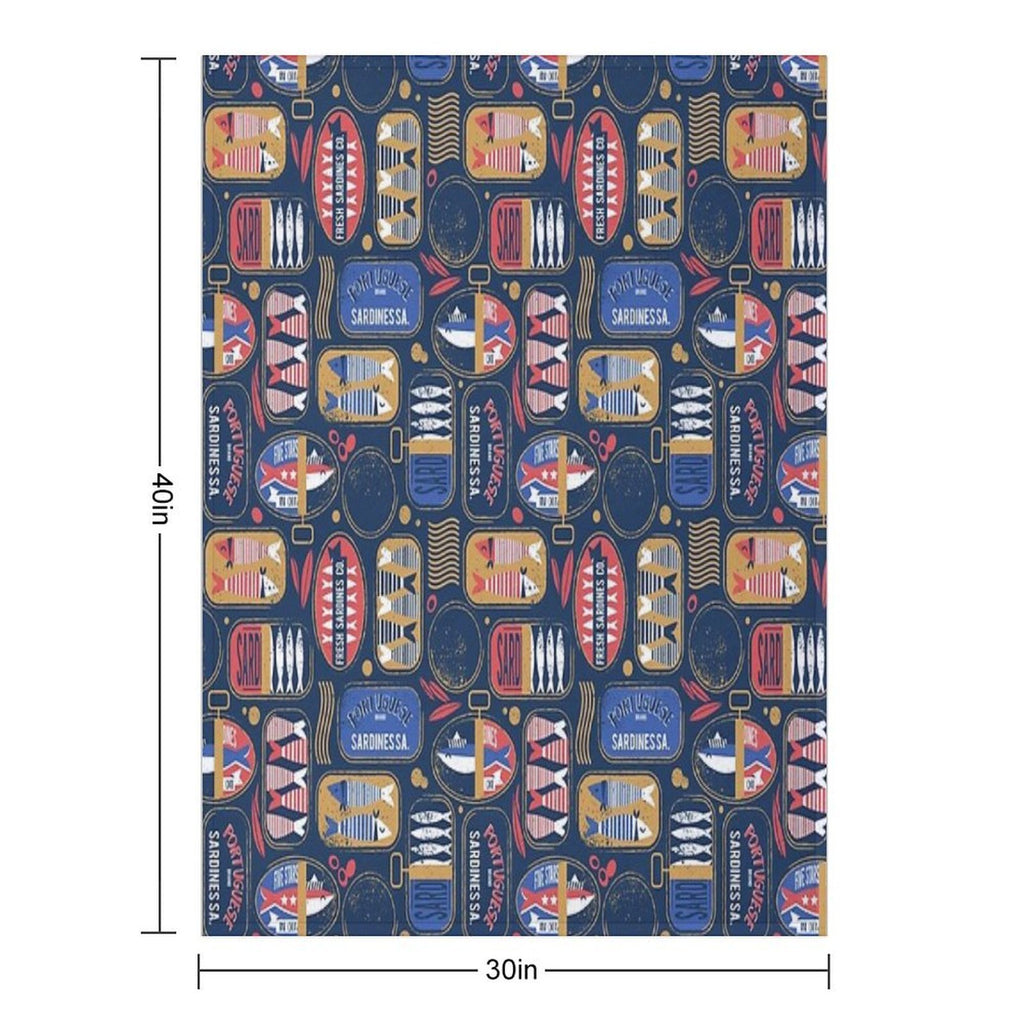 Vintage Canned Sardines  Navy Blue Background Electric Blue And Mandy Red Cans Premium Throw Blanket
