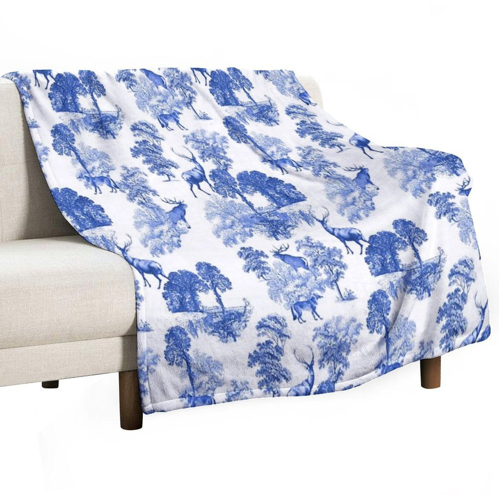 Elegant Vintage Blue Toile Deer in Woodland Travel-friendly Throw Blanket
