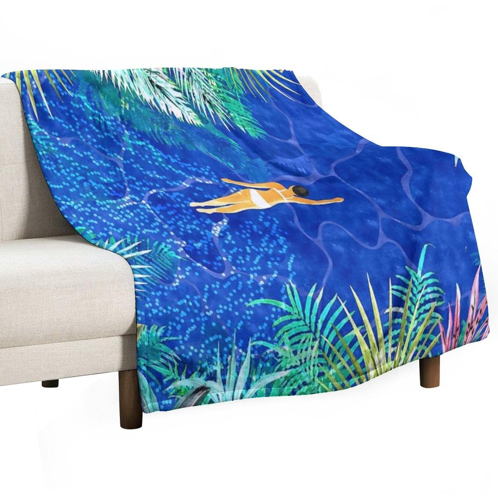 Tropical Jungle Pool  Forest Pop of Color Botanical  Travel Wild Plants Eclectic Watercolor Swim Sustainable Throw Blanket