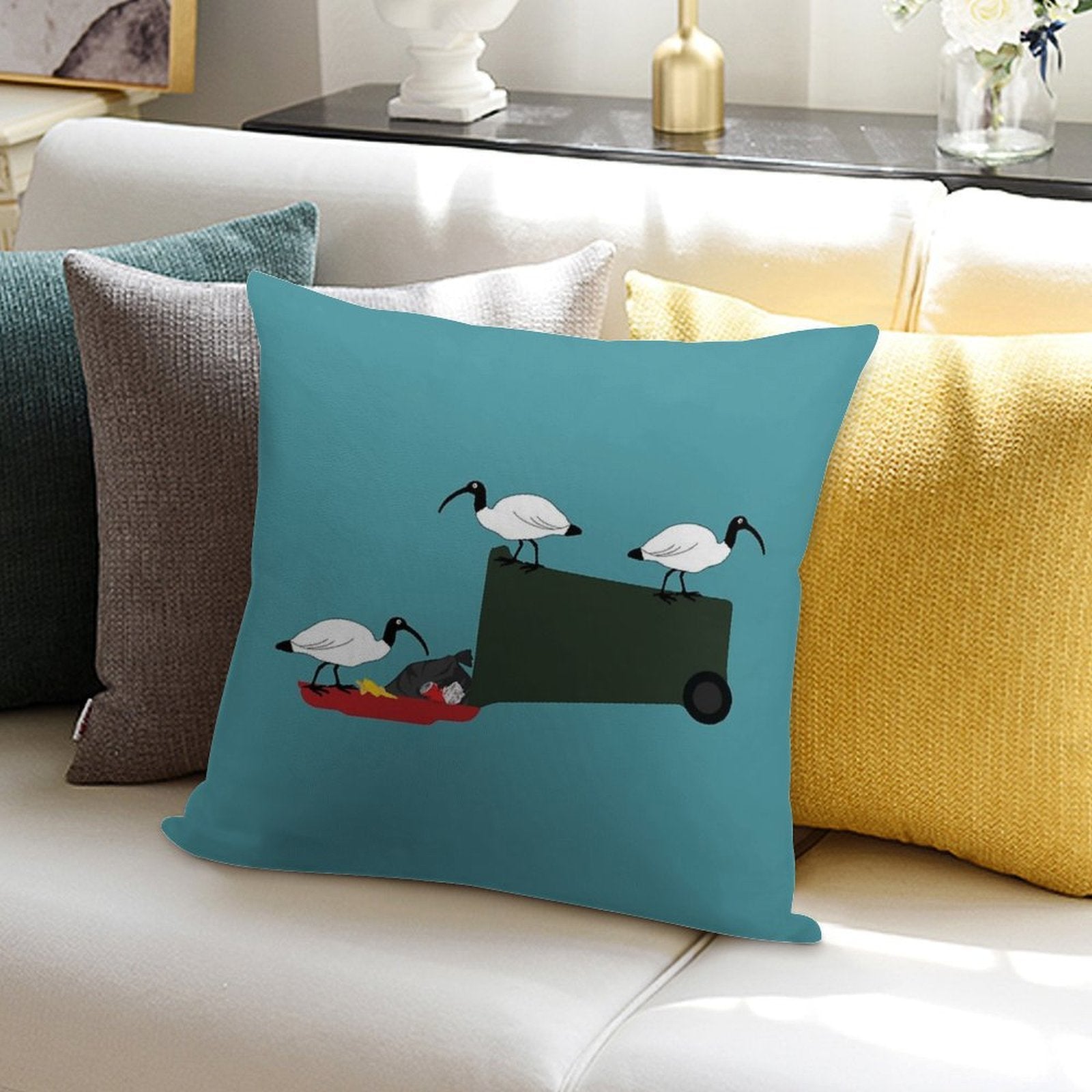 Bin Chickens Eating Lunch on Sea Blue Soft Shrink-Resistant Throw Pillow