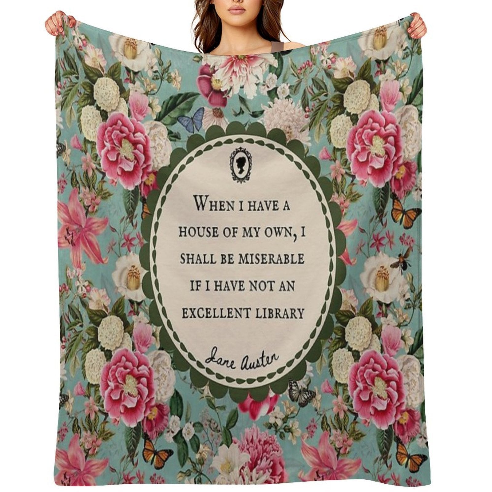 Jane Austen Library Quote, Literary, Bookish, Book Lover, Vintage Floral Flowers Multi-functional Throw Blanket
