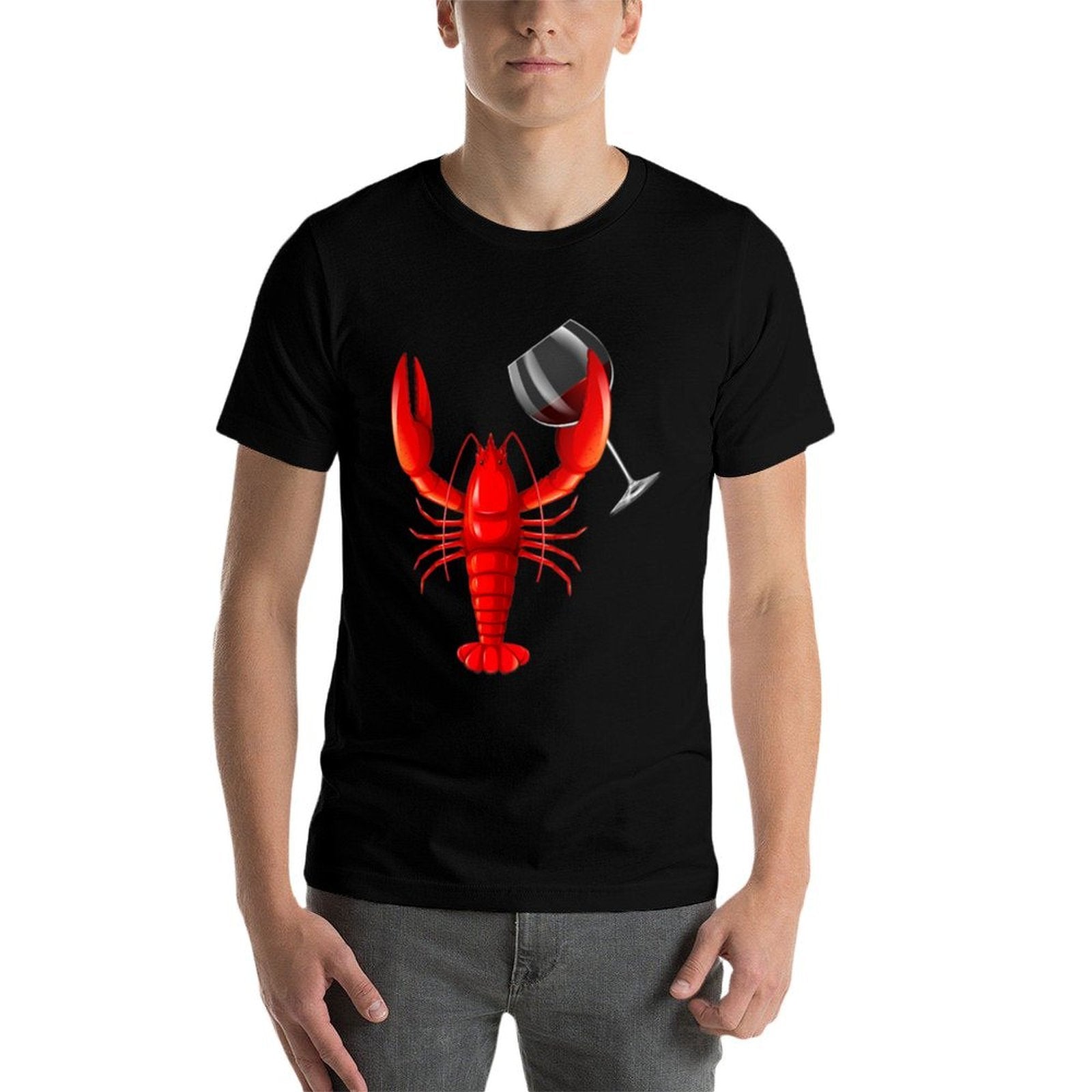 Womens Funny Wine Drinking Lobster Red Crawfish Wine Lovers Gift  Rolled Sleeves T-Shirt
