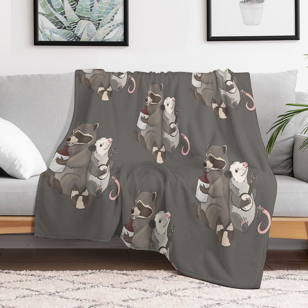 Opossum And A Racoon Playing Instruments Easy Care Throw Blanket