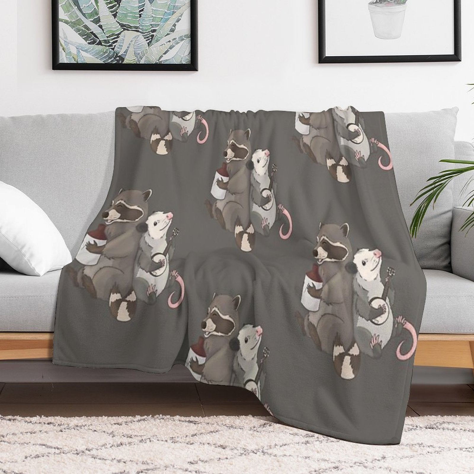 Opossum And A Racoon Playing Instruments Easy Care Throw Blanket
