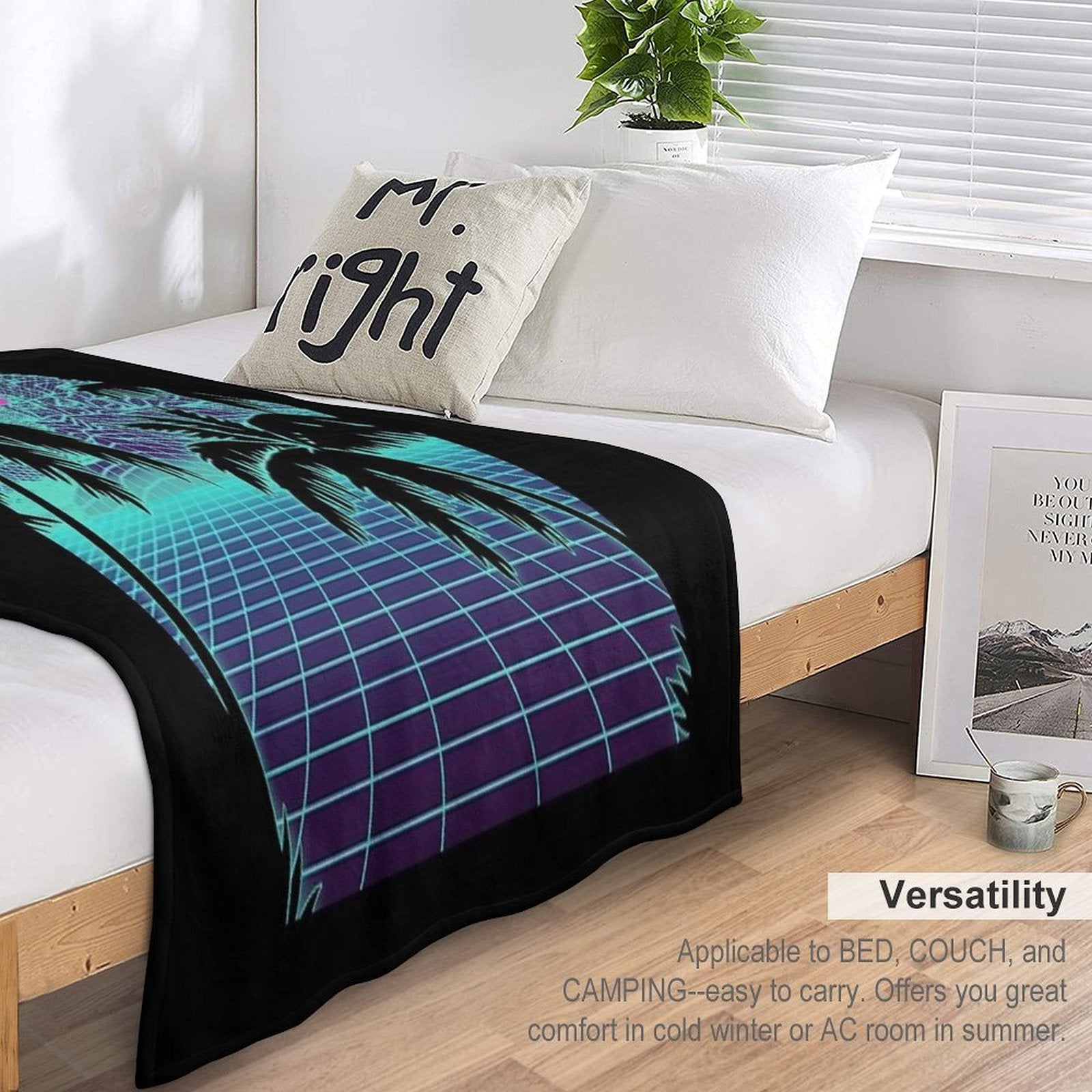 Retro 80s Vaporwave Sunset Sunrise With Outrun Style Grid Print Wrinkle-free Throw Blanket