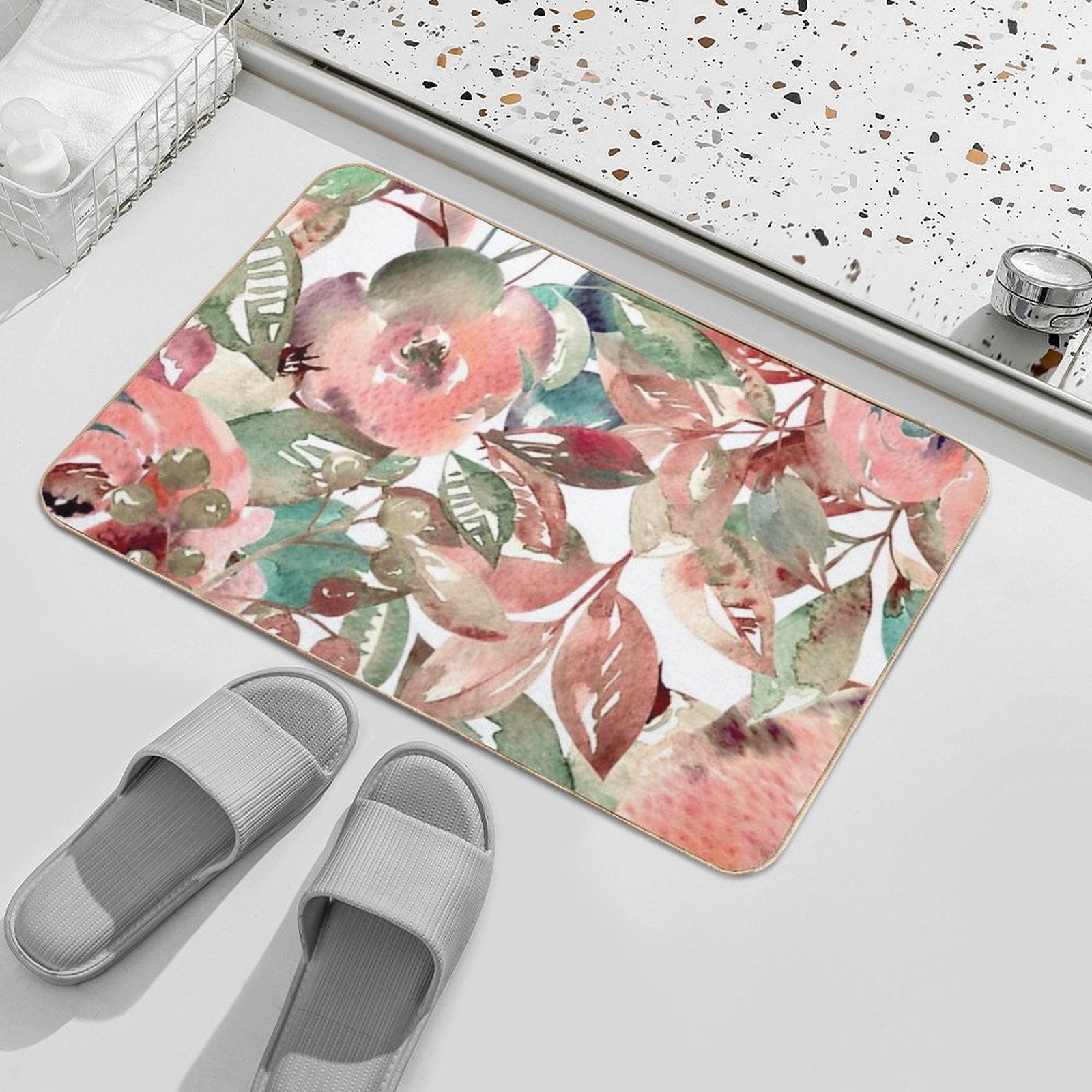 Vintage Floral Medley Pattern - Pale Pink And Green - Cottagecore  Pet-Safe Bath Mat