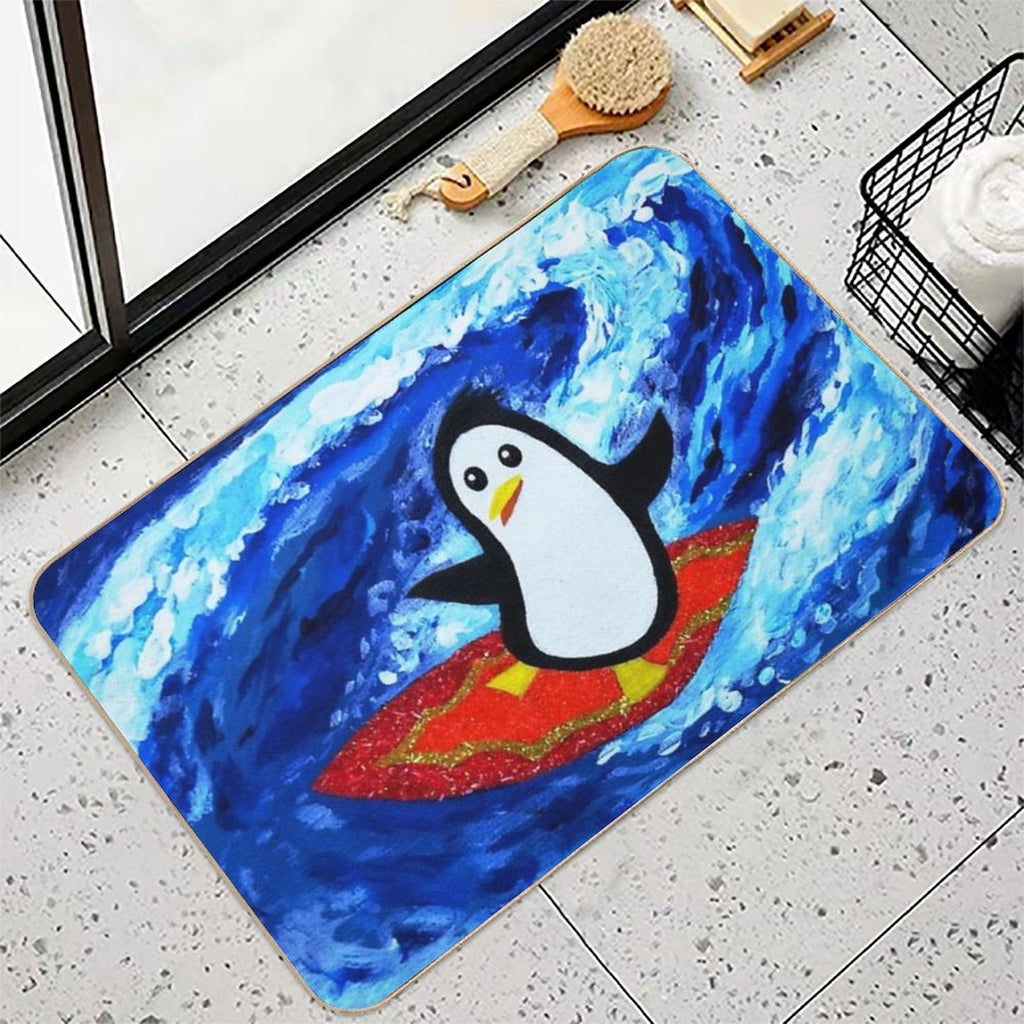 Surfing Penguin on A Summer Day  Easy To Clean Bath Mat