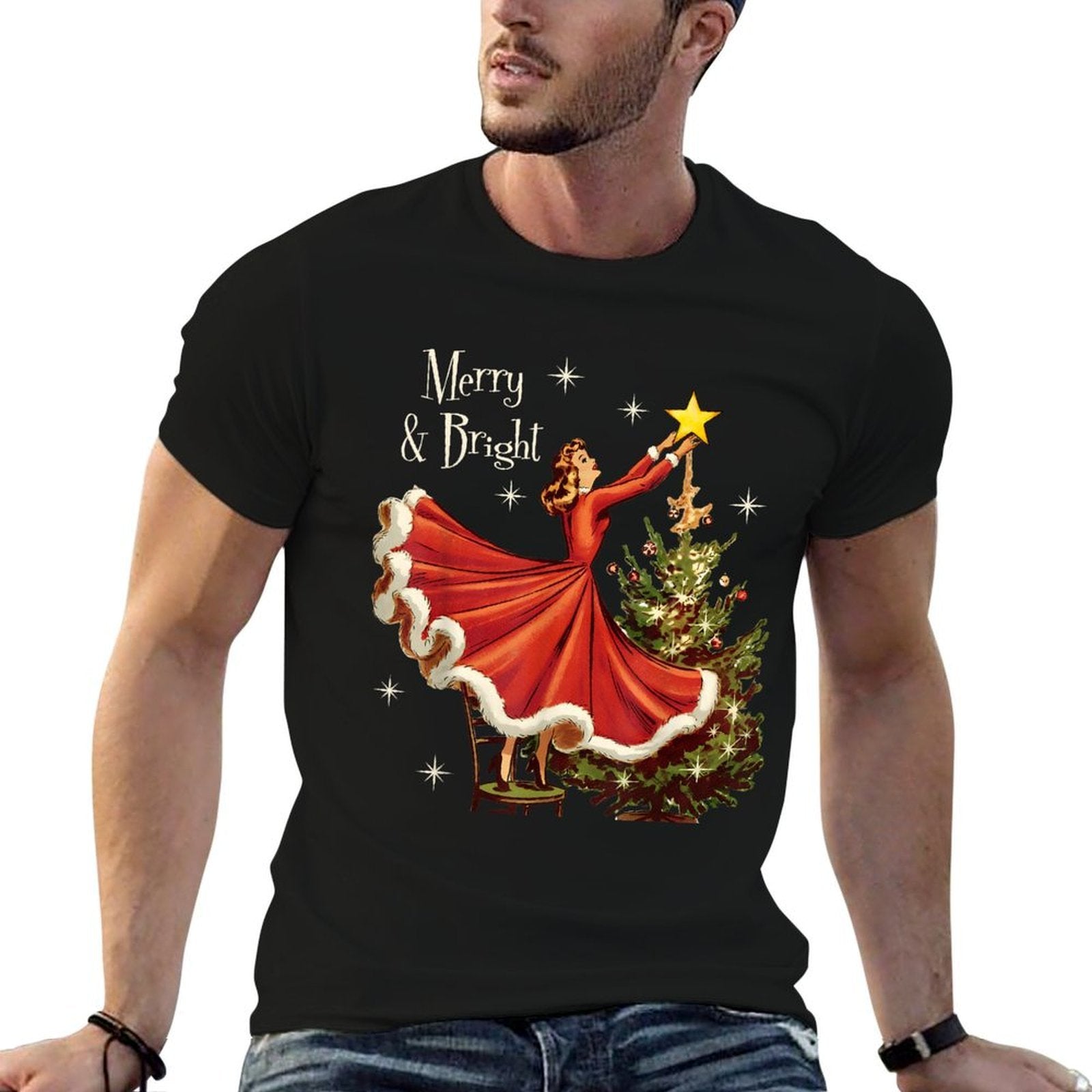 Vintage Merry And Bright Christmas 1950 Girl Decorating Tree  Easy-care T-Shirt