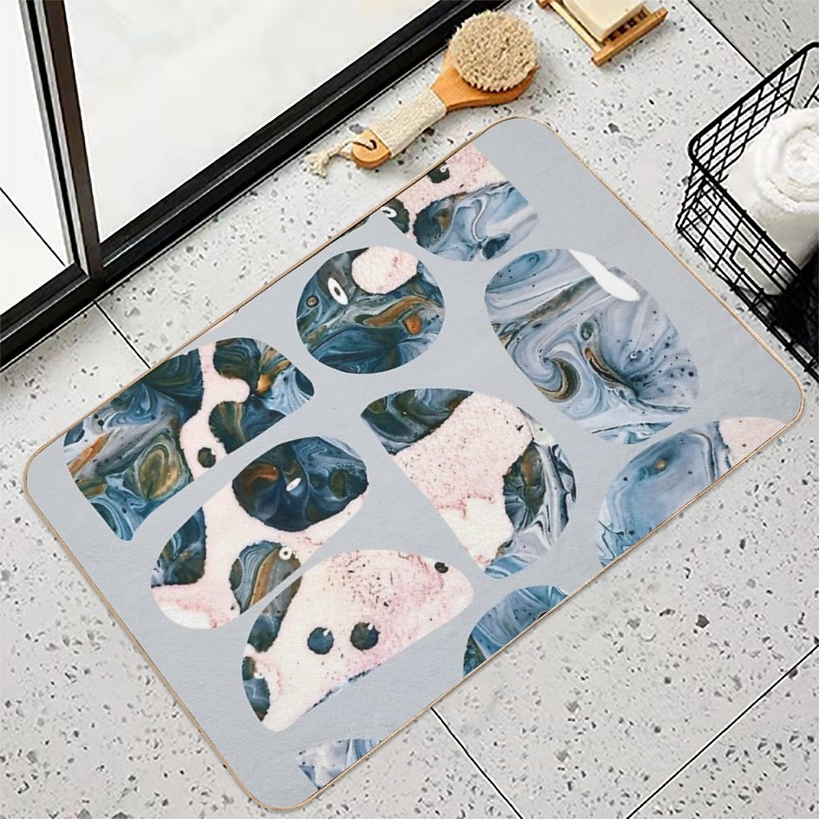 Unturned Stones, Abstract Marble Resin Art, Contemporary Agate Waves Pattern, Eclectic Boho Luxe Nature  Dirt-Trapping Bath Mat